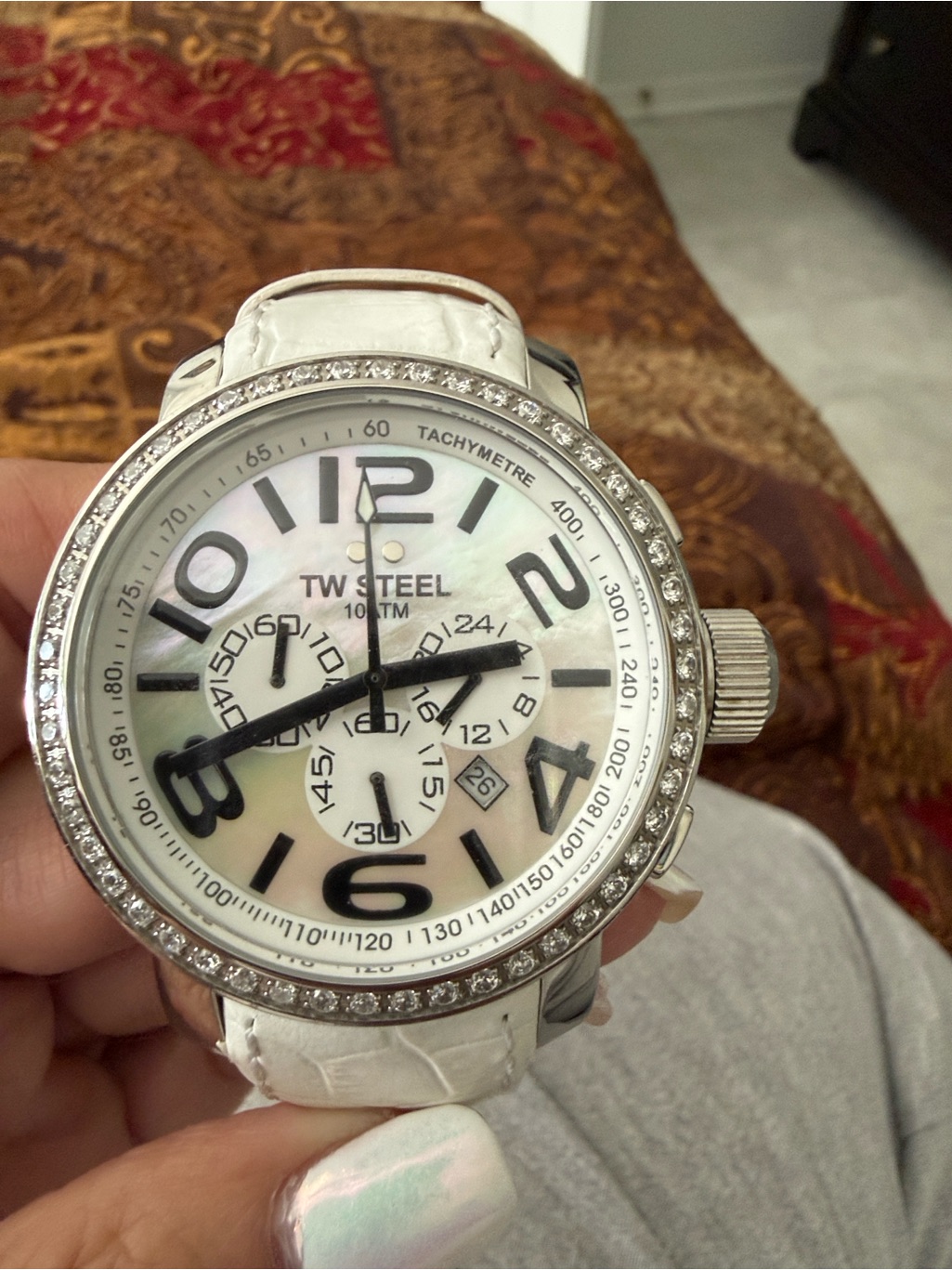Tw Steel Womens White Diamond Bezel Mother Of Pearl Chronograph Watch